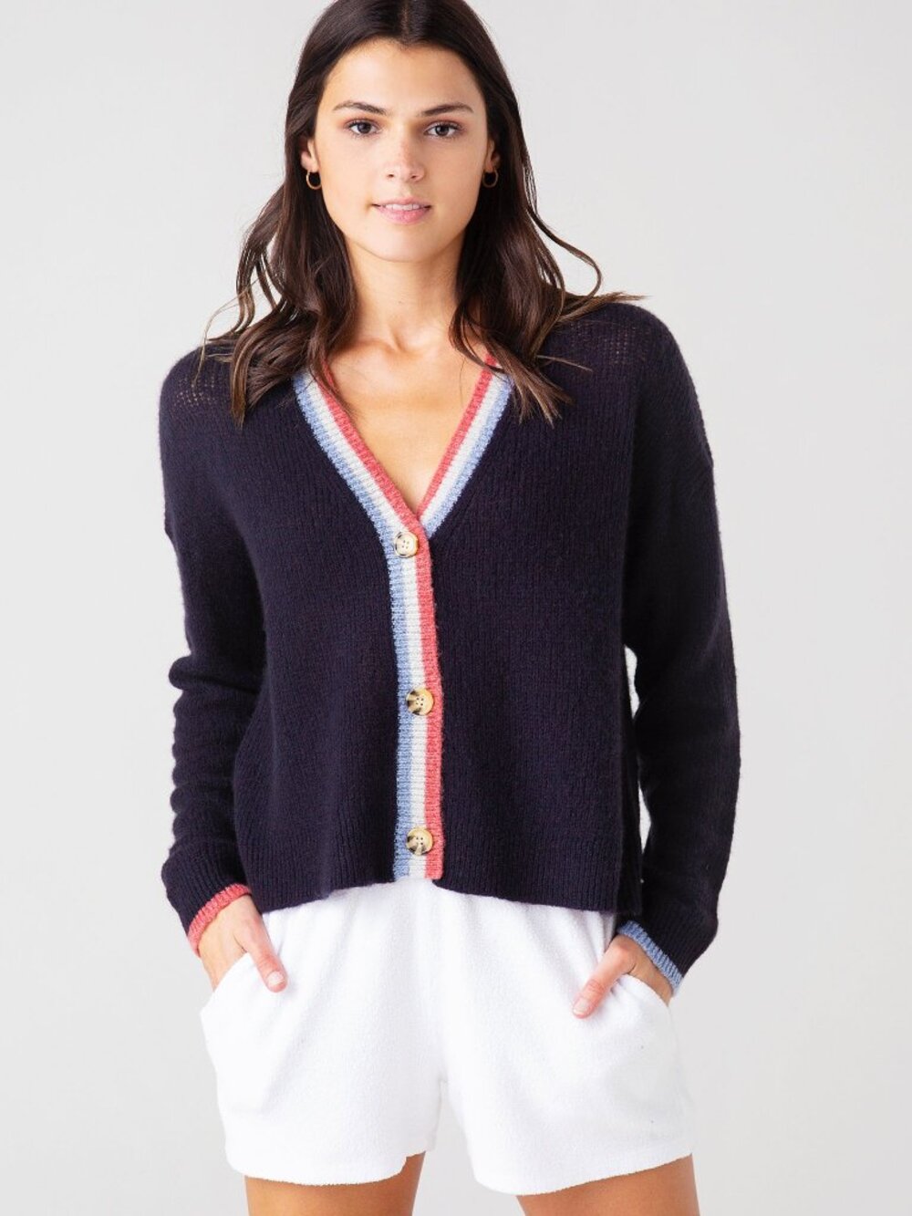 Sundry Merino Wool Cashmere Contrast Stripe Cardigan V-Neck Button Navy Blue